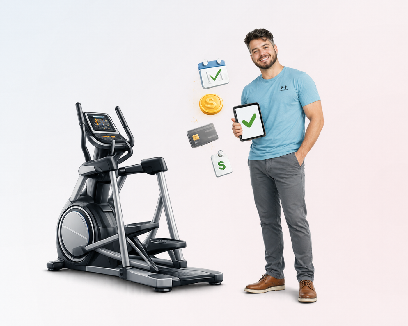 Second Chance Cardio advisor explaining financing next to an elliptical